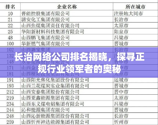 长治网络公司排名揭晓，探寻正规行业领军者的奥秘